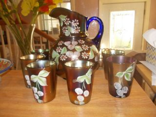 Fenton/northwood Cherry Blossoms Water Set Blue Carnival Pitcher W/6 Tumblers