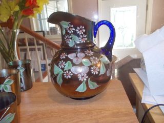 Fenton/Northwood Cherry Blossoms Water Set Blue Carnival Pitcher w/6 Tumblers 3