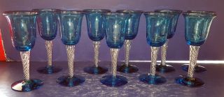 Pair Blenko Air Twist Stem Wine Glasses - Blenko Blue & Clear -