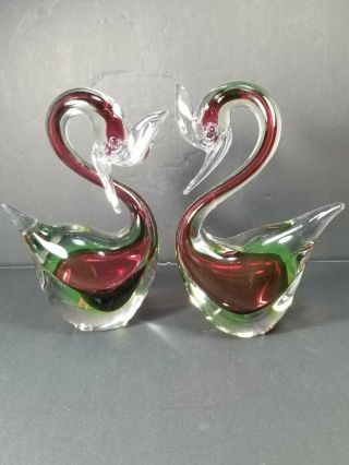 Murano Uranium Glass Bird,  Duck,  Swan Sculpture Paperweight Figurine - Set Of 2