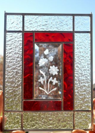 Butterfly Etched Bevel Stained Glass Panel Window 11 3/4 " X 9 "