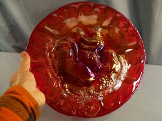 Fenton Singleton Bailey Dbs Red Carnival Glass Farmyard Chop Plate 11 1/2 " Wide