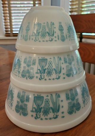 Vintage Pyrex Amish Butterprint Turquoise On White Bowl Set Of 3 - 401 402 403