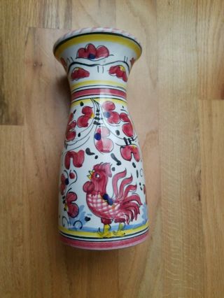 F.  T.  Deruta Red Rooster Hand Painted Italian Pottery Carafe Vase