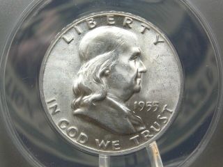 1955 " P " Franklin Silver Half Dollar 50c Anacs Ms65 Fbl Ecc&c,  Inc.