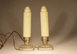 Set Of 2 Vintage Deco Depression Era Custard Glass Skyscraper Lamps.  1935