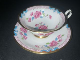 Bone China Cup & Saucer By Royal Chelsea Pink Flowers Heavy Gold Trim Blue Scrol