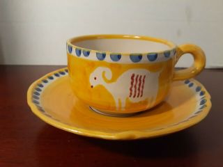 Vintage Vietri Solimene Italian Ceramic 2 - Pc Tea Cup & Saucer Yellow Goat Plate