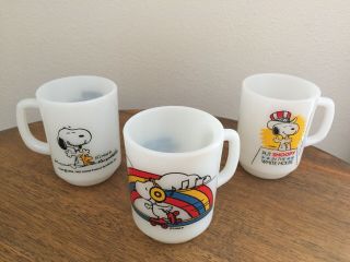 3 Vintage Snoopy Anchor Hocking Fire King Milk Glass Coffee Mugs Waltz President