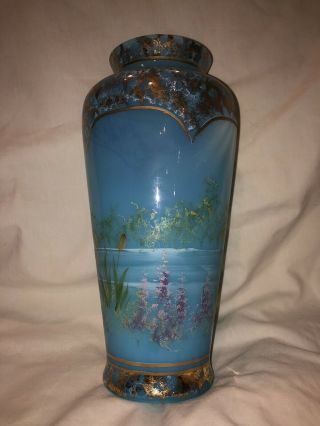 Fenton Qvc Hand Painted After The Rain Sky Blue 11” Vase Signed Nancy Fenton