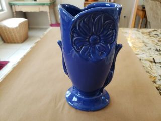 Vintage Cobalt Blue Mccoy Pottery 9” Vase With Imprinted Flower Medallion