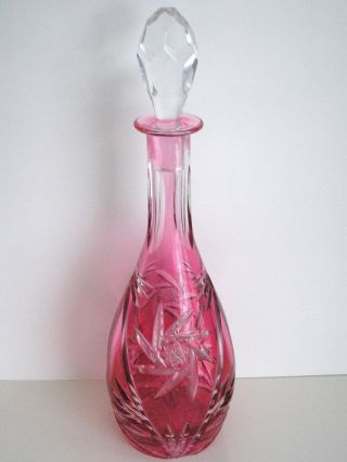 Ajka Adorlee Cranberry Cased Cut To Clear Lead Crystal Decanter