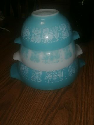 Vintage Pyrex Amish Butterprint Cinderella Mixing Bowl Set 3 Turquoise Blue