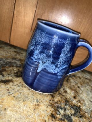Pottery Handmade Wheel Thrown Coffee Mug Cup Blue Drip Glaze Signed