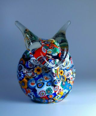 Vintage Milefiori Glass Multi Colour Owl Figurine Murine Style Murano Art Piece