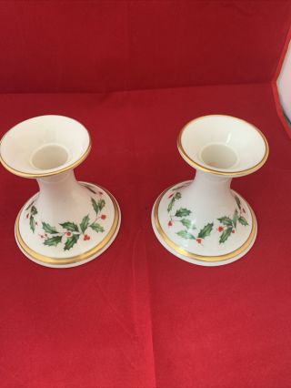 Set Of 2 Lenox Holly Berry Candle Holders Ivory 24k Gold Trim Holidays/christmas