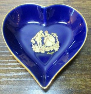 Vintage Florance Limoges Porcelain Cobalt Blue & Gold Heart Shaped Trinket Dish
