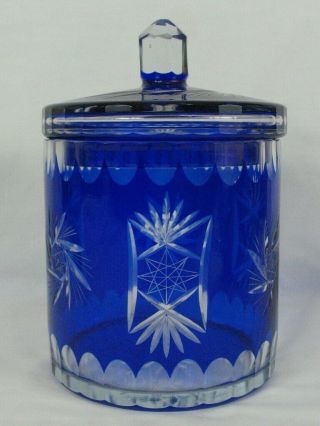 Vintage Bohemian ? Cobalt Blue Cut To Clear Glass Biscuit Cookie Jar With Lid