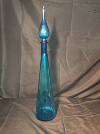 Vintage Empoli Genie Bottle Italian Glass Decanter - Blue 25 "
