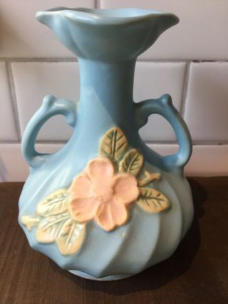 Vintage Blue Weller Pottery Double Handle Vase Magnolia American Pottery