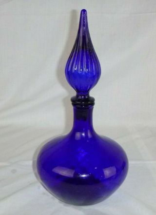 Vtg Mid Century Genie Bottle Decanter Cobalt Blue Glass Flame Stopper 13 "