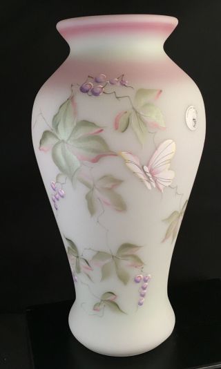 Fenton Lotus Mist Burmese Glass Handpainted Vase 2955 Vf