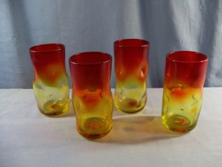Set Of 4 Blenko Amberina Red Yellow Glass Indented Dimple Pinched Tumblers 6 "