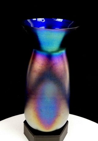 Bohemian Czech Art Glass Blue Iridescent Squared Dimpled 8 1/2 " Vase