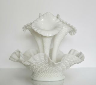 Vintage Fenton White Milk Glass Epergne 3 Horns Hobnail - Ruffled Edge Vase Bowl
