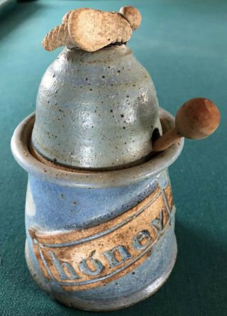 Pottery Honey Pot With Bee On Lid And Wooden Dipper.  Wagner,  Village Pottery.