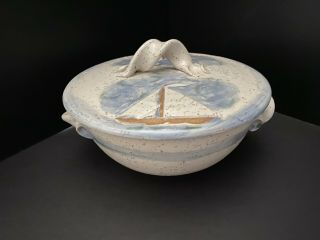 Hand Thrown Studio Art Stoneware Pottery Casserole Dish W/ Sailboats Designs Lid