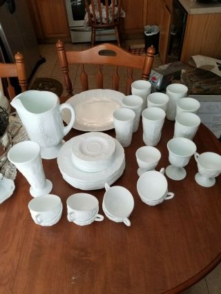 Complete 8 Piece Place Setting Of Indiana Harvest Grape White Milk Glass Plus