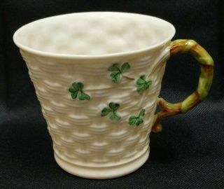 Vintage Belleek Shamrock Basket Weave Cup Mug - Green Back Stamp Ireland