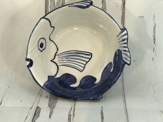 Zanolli Italy Fish Bowl Hand - Painted Blue And White