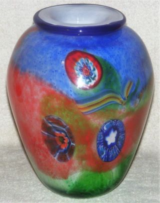 Vintage Mid - Century Modern Murano Red Green Blue Millefiori Art Glass Vase