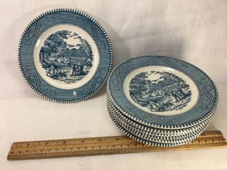 Set Of 8 Currier And Ives Blue By Royal China Harvest Bread Butter Plates 6 3/8 "