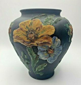 Tiffin Black Satin Amethyst Glass Coralene Multi Color Poppy Vase W/ Initials