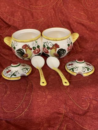 Vintage Early Provincial Py Ucagco Japan Rooster & Roses Divided Jam Serving