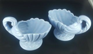 2 Vintage Haeger Mcm Blue Scalloped Shell Cornucopia Ceramic Planter Vase Footed