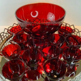Anchor Hocking Ruby Red Glass Punch Bowl Cups Base Vintage E14