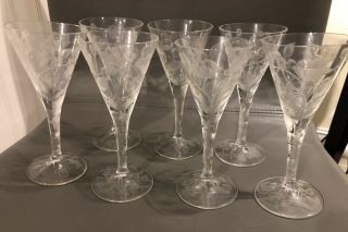 Set Of 6 Vintage Clear Glass Etched Frosted Flowers Short Stem Wine Glasses