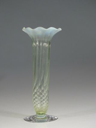 Victorian English Stourbridge Swirl Opalescent Vaseline Glass Vase C.  1890