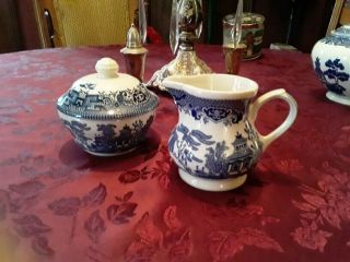 Churchill England Blue Willow Creamer And Covered Sugar Bowl