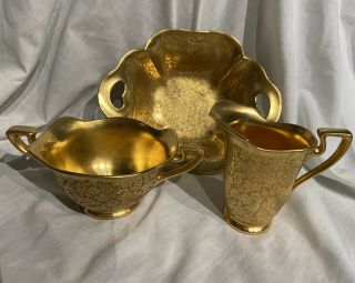 Vintage Pickard China Gold Encrusted Porcelain Bowl,  Cream Pitcher,  Sugar 3 Pc