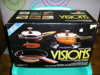 Vtg Corning Visions Rangetop Cookware Amber 5 - Piece Starter Set V - 168 Nib