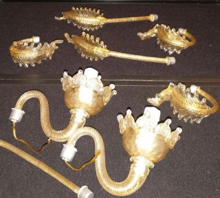8pc Murano Art Glass Chandelier Sconce Parts Leaves And Flowers Clear Gold Fleck