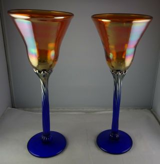 Rick Strini Iron Gold Cobalt Twist Tall Art Glass Goblets - Signed