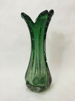Vintage Murano Green Bubble Art Glass Vase,  10 1/4 " Tall X 4 " Widest
