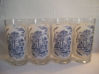 Set Of 4 Royal China Usa Currier & Ives Blue/white 12 Oz Glass Ice Tea Tumblers