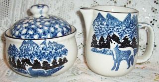Tienshan Folk Craft Wolf Creamer Pitcher Sugar Bowl Wilderness Blue Cabin